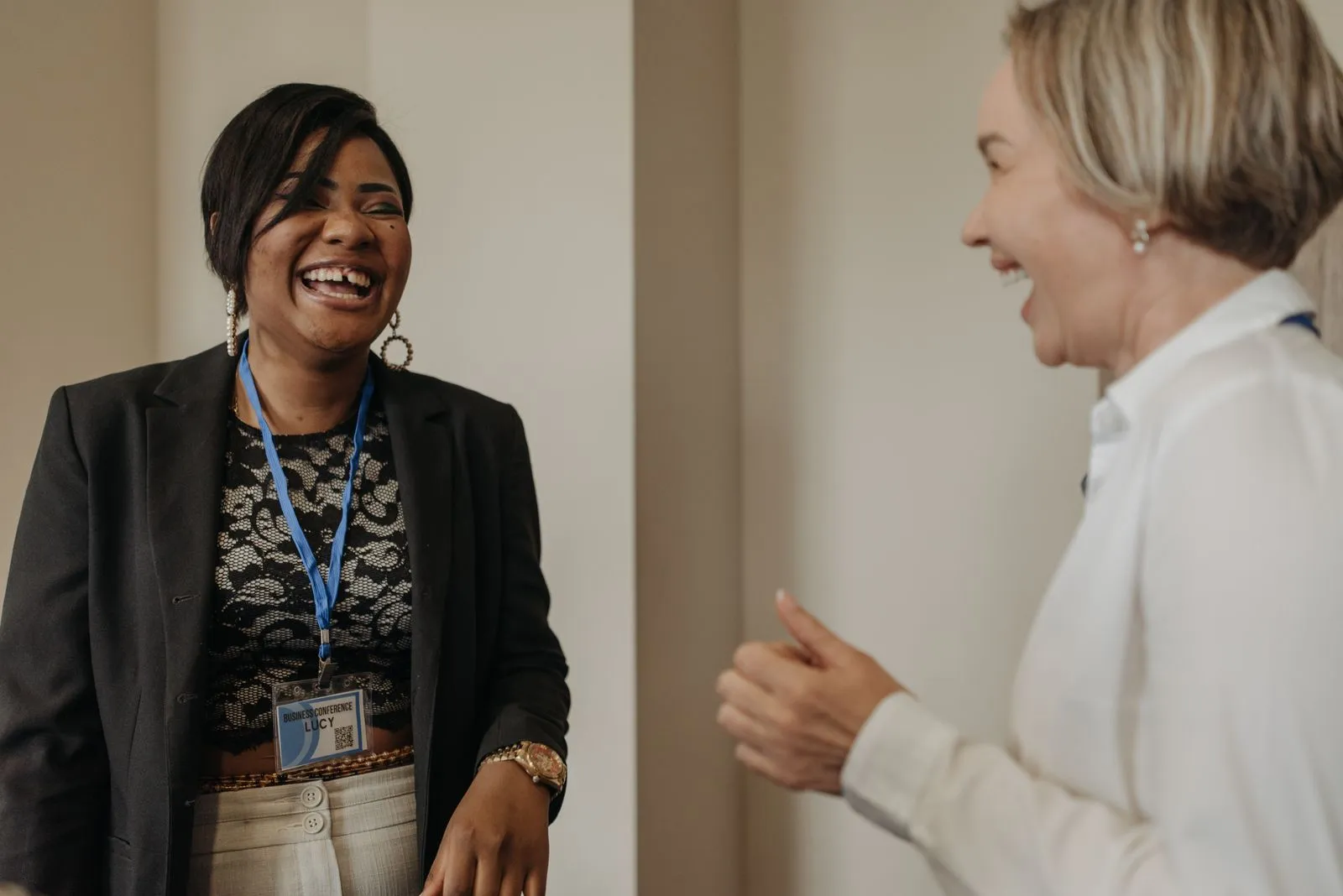 Two colleagues talking in an office